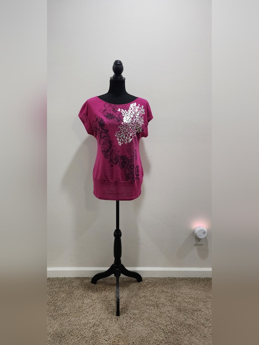 Iz Byer Magenta Short-Sleeve Top with Metallic Floral Detail